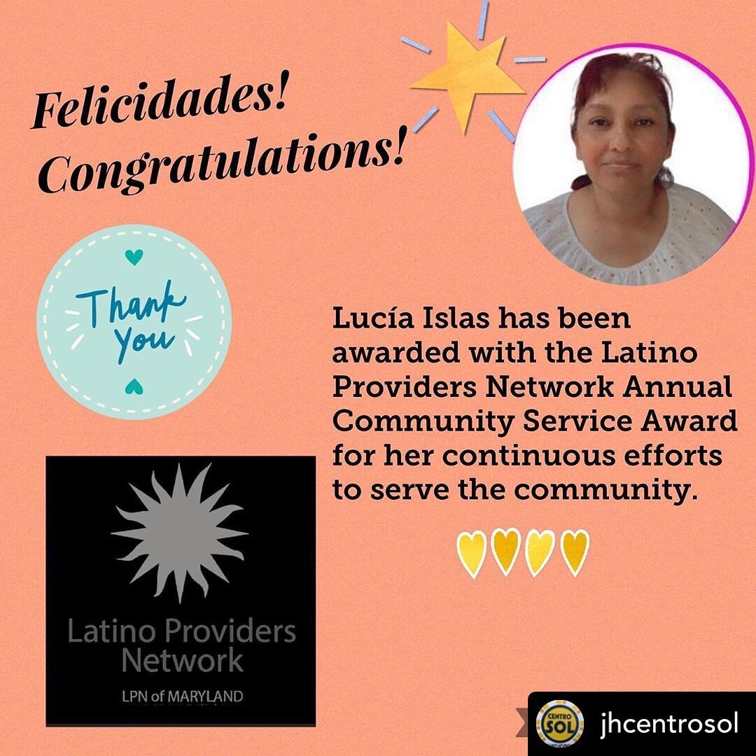 &iexcl;Felicitaciones, Luc&iacute;a! Posted @withregram &bull; @jhcentrosol We are so proud of Lucia! Thank you for all of your hard work and dedication to our community! 🎉@latinoprovidersnetwork @comitelatinodebaltimore 
&bull;
&bull;

&iexcl;Estam