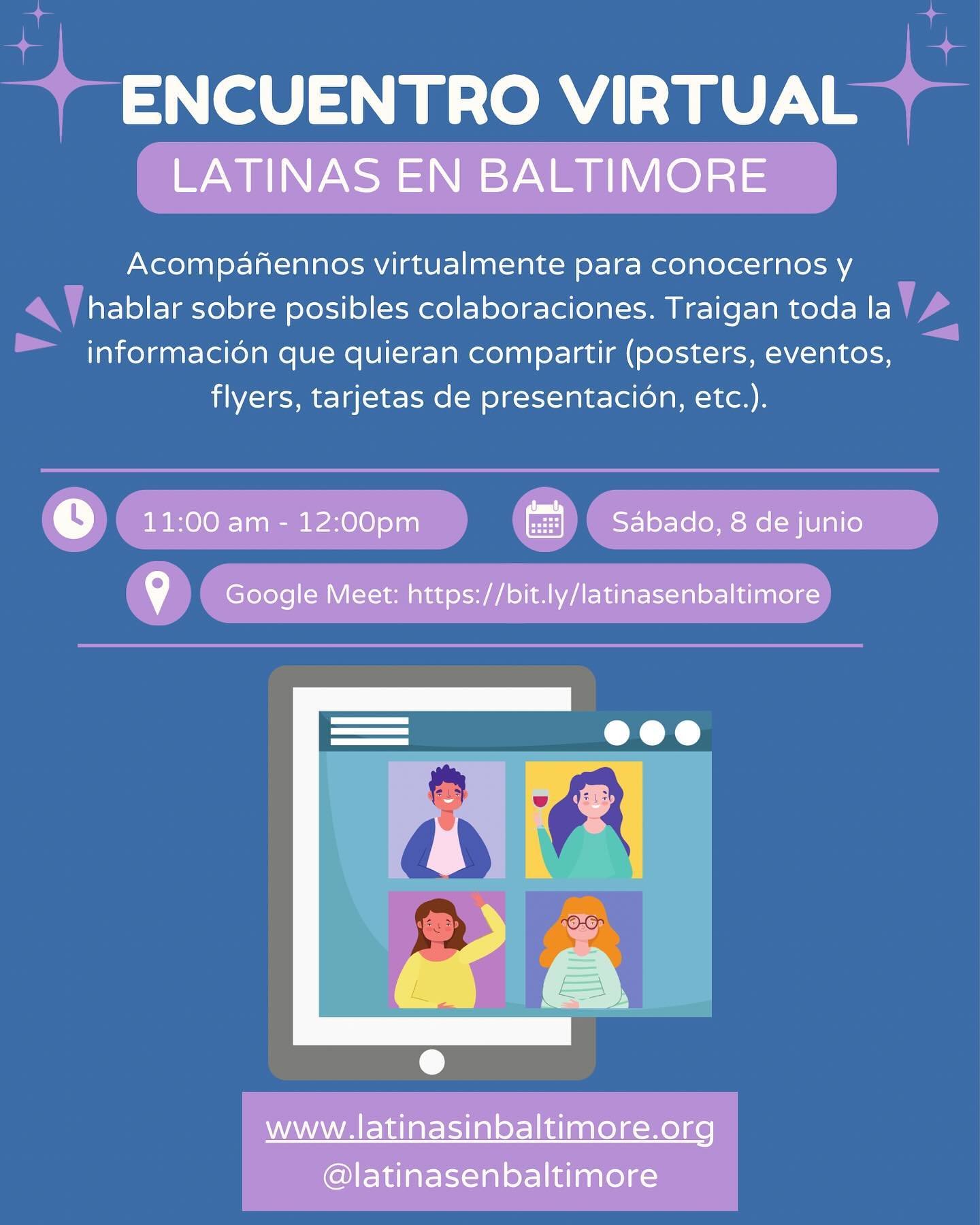 Si no pueden venir a nuestro primer encuentro, &iexcl;tendremos una versi&oacute;n virtual el 8 de junio! 

ID: P&oacute;ster de evento azul oscuro con im&aacute;genes de una llamada virtual en una tableta. El texto dice: ENCUENTRO VIRTUAL LATINAS EN