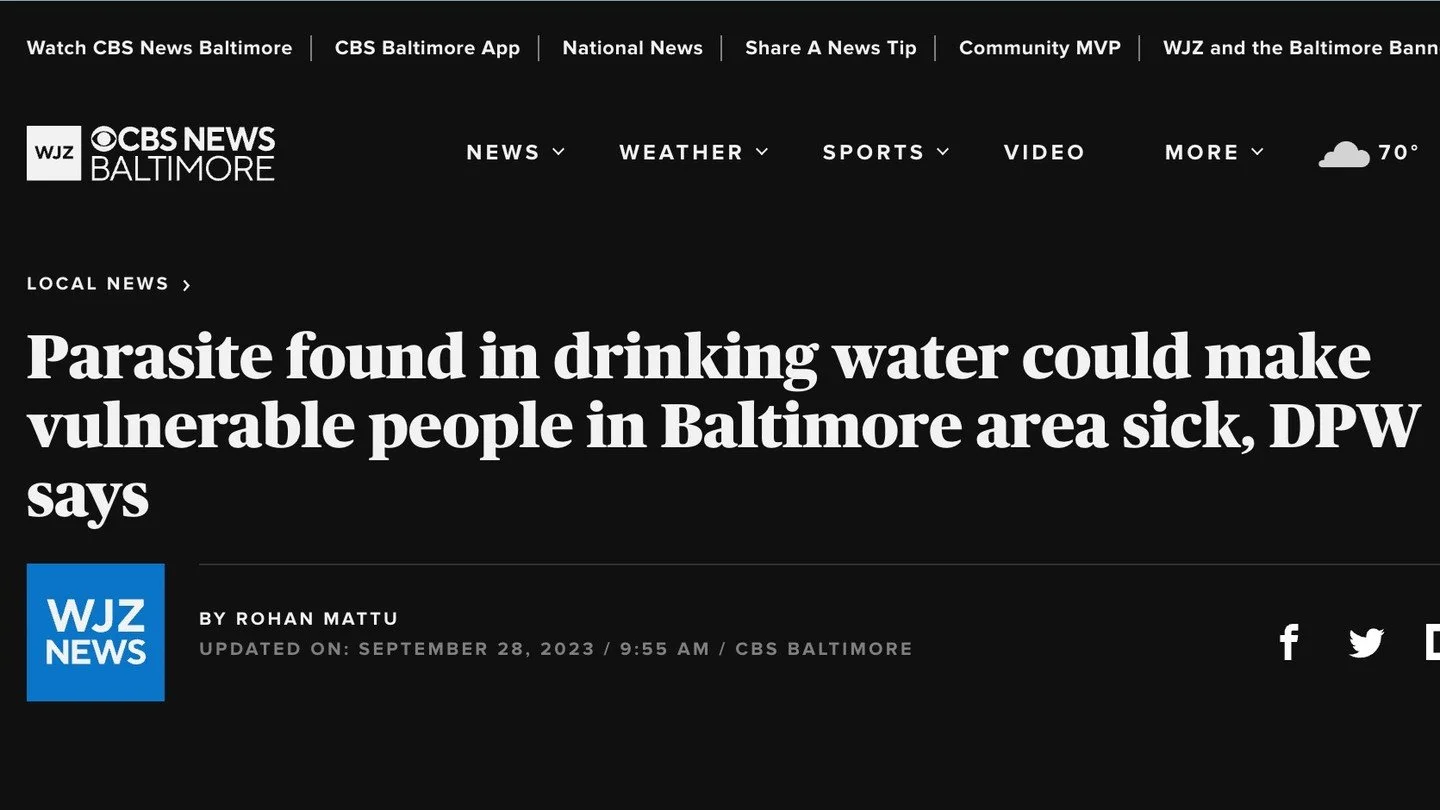 Alerta: par&aacute;sito encontrado en el agua potable podr&iacute;a enfermar a las personas vulnerables en el &aacute;rea de Baltimore, dice DPW.

Warning: Parasite found in drinking water could make vulnerable people in Baltimore area sick, DPW says