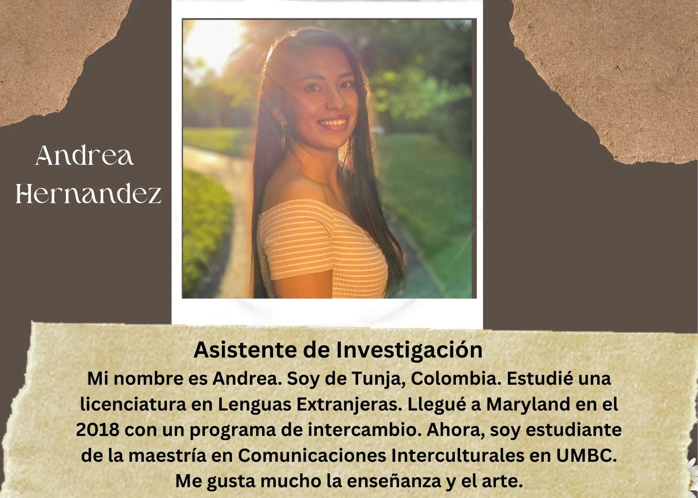 Hola Latinxs en Baltimore!
Una vez m&aacute;s les presento a una de nuestras colaboradoras del proyecto. Su nombre es Andrea Hernandez. Lxs invito a leer su bio y darle &quot;❤️&quot;

No se olviden de visitar el proyecto 
Latinasenbaltimore.org, y v