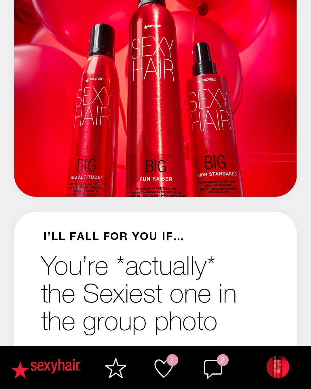 Three red bottles of hair product labeled 'Sexy Hair' with various descriptions, against a background of red balloons.