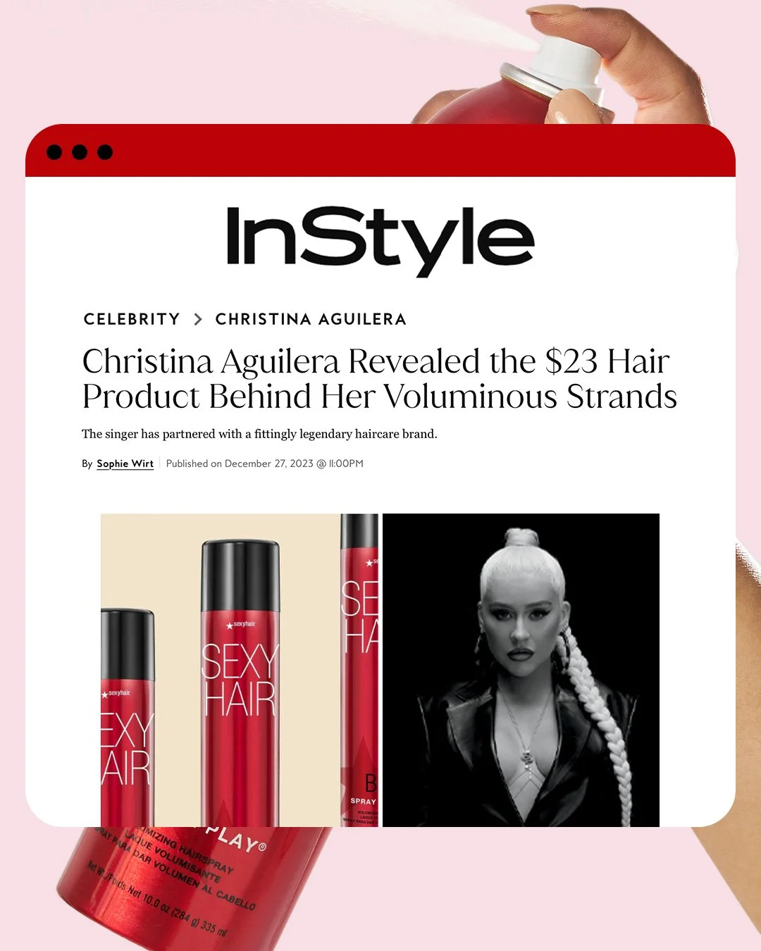 Screenshot of a web article about Christina Aguilera revealing her favorite hair product, featuring images of red hair spray cans, a black and white photo of Christina Aguilera with long braided hair, and a person's hand holding a red bottle against a pink background.