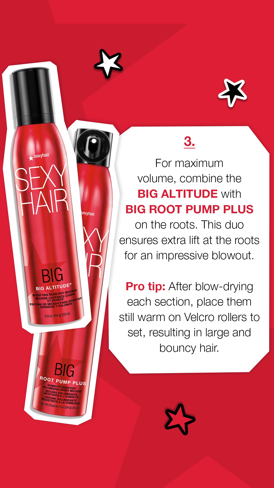 Red and black hair styling products package with the labels 'Big Altitude' and 'Big Root Pump Plus', along with instructions for volumizing hair.