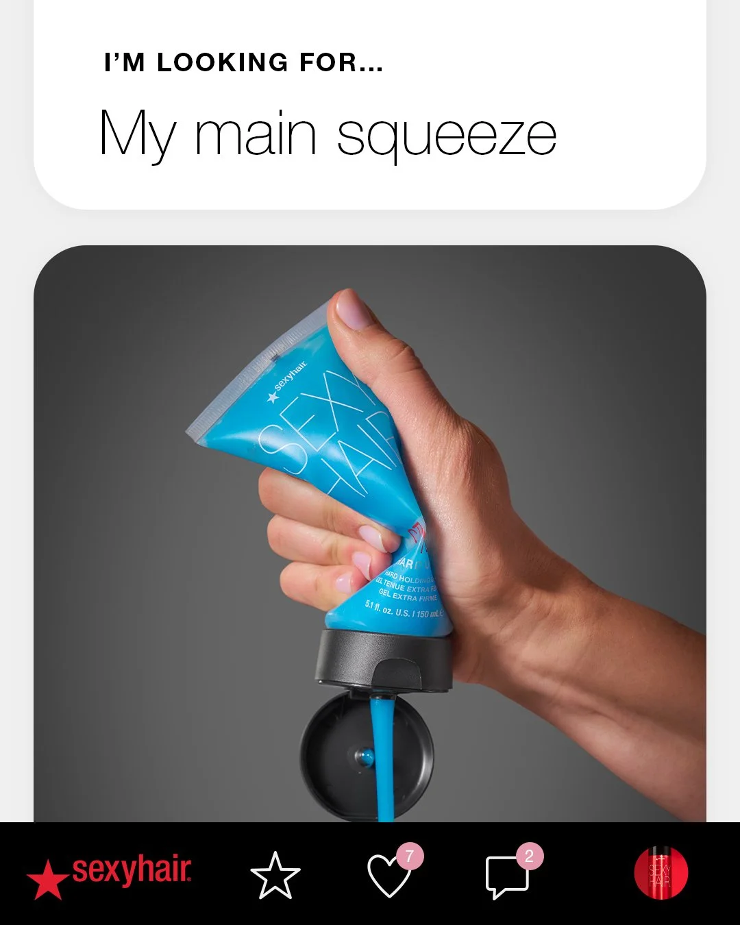 A hand squeezing a blue self-hair gel tube over a black sink, with a gray background and a social media app interface at the bottom.