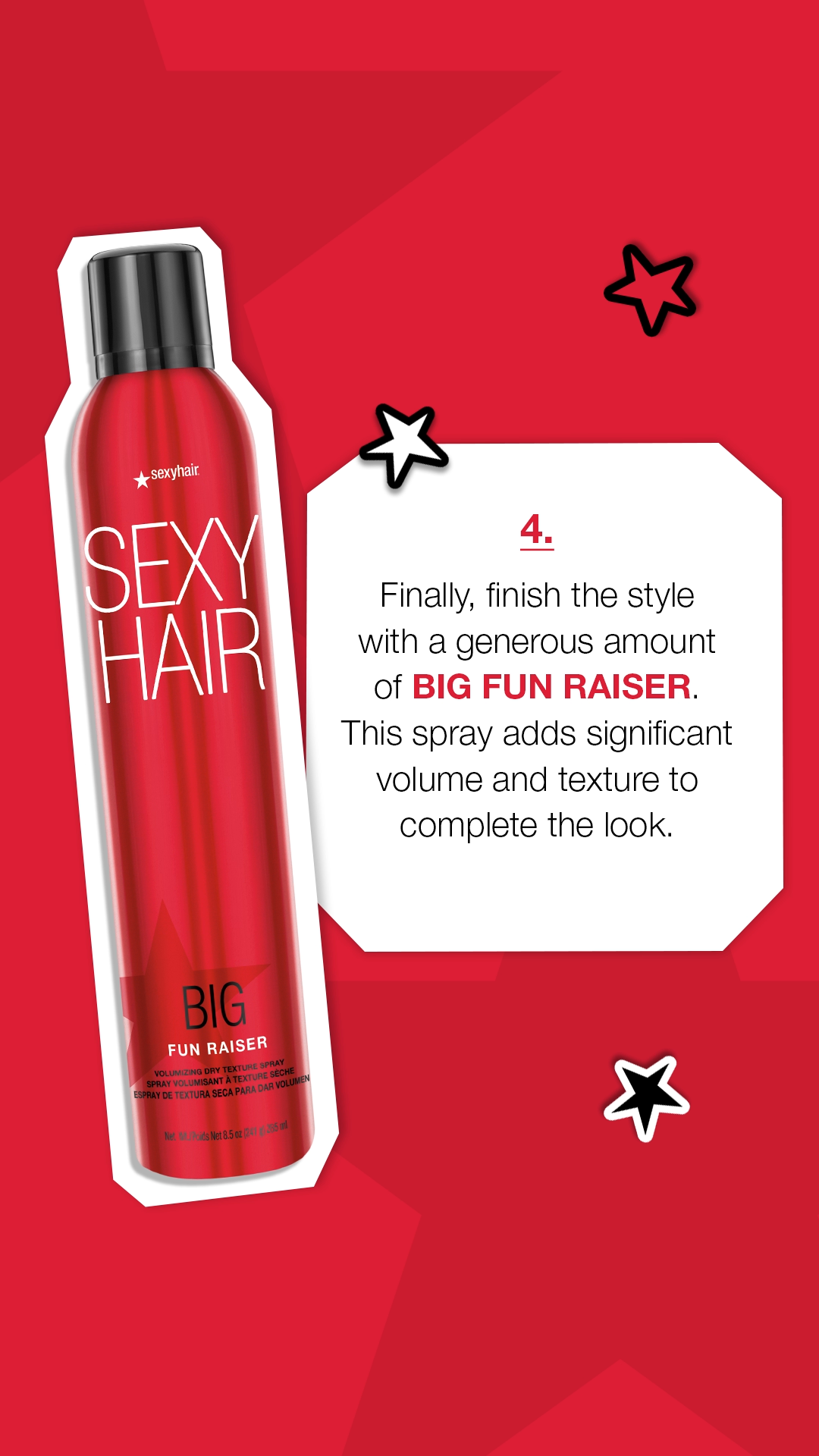 Red aerosol can labeled 'Sexy Hair Sexy Hair Big Fun Raiser' with text explaining its use as a volumizing dry texture spray.