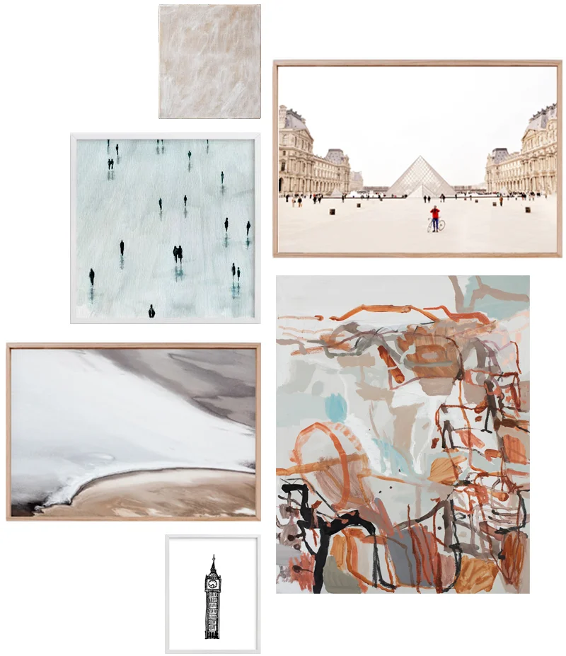 Top: Original Oil on canvas by Eleanor Louise Butt POA; Limited Edition Artwork 'Red Man' Framed $925; Limited Edition Artwork 'Sombas in Grey' Framed $359; Original Mixed media and oil on canvas 'Morning walk with kelpie (hills, paddock and bush) no.2' by Melissa Boughey $2475; Limited Edition fine art photography 'Badwater' by Maegan Brown, framed $2634.50; Limited Edition artwork 'Big Ben' Framed $250. See these pieces in person at the Apartment 