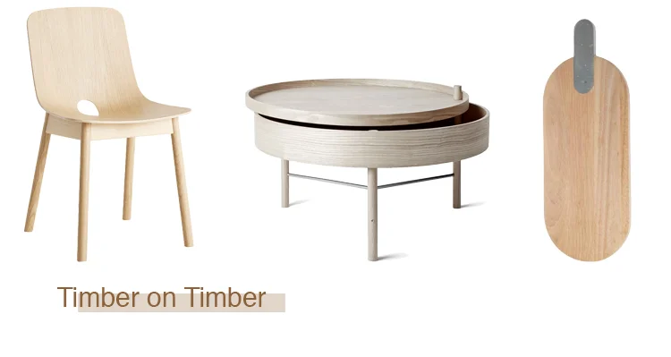 Timber Mono Dining Chair $990 , Turning Table is perfect for stashing away the remotes under the pivoting top $1050, Paddle serving board with a concrete handle $75