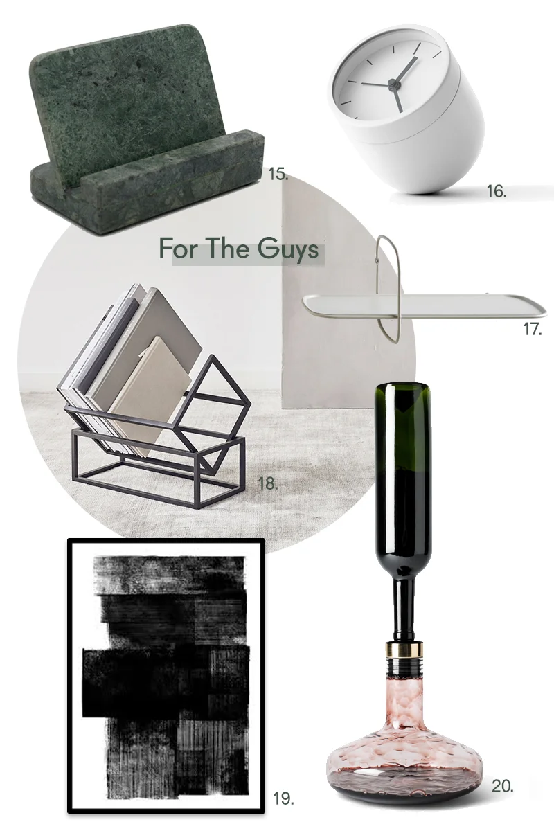 15. The Green Marble ipad holder is stylish way to watch Netflix or cook in the kitchen $99.00. 16. You don’t have to look far to learn that having a smart phone next to the bed is bad for a good night’s sleep, he’ll want to use this clever Tumbler Alarm Clock - simply turn it upside down to stop the alarm $179. 17. Somewhere to put the keys and wallet for the organised guy Polar Shelf is perfect $279.00. 18. For keeping all of the books around the house that he’s in the process of reading, he’ll love the Book Keeper $279.00. 19. Maybe he has a few blank walls but doesn’t know what he likes, I’m pretty sure he’ll love this! Midnight framed poster $ 345.00. 20. He’ll be very impressed with this award winning Deluxe Wine Breather $184.00