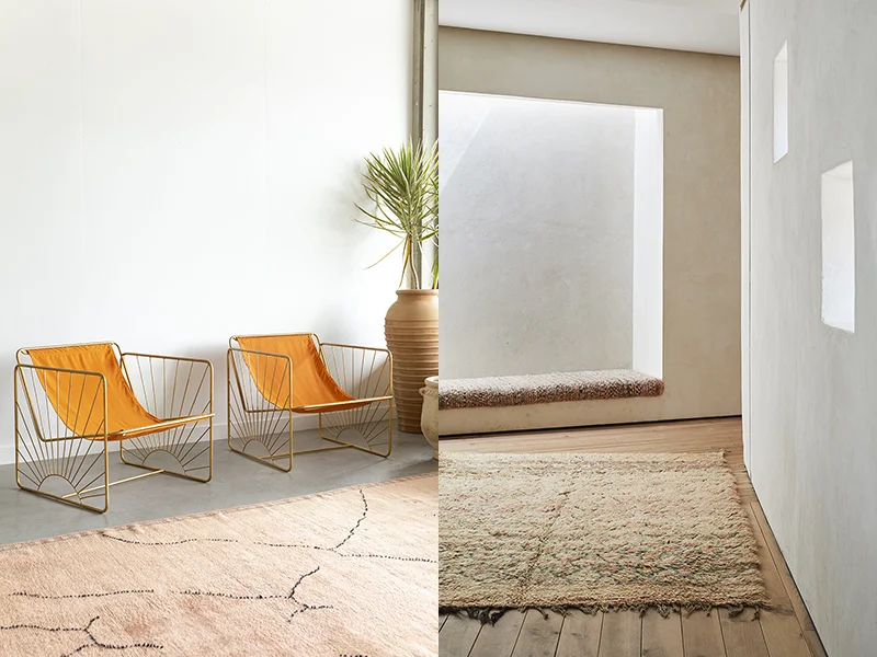 (left) Tigmi Trading ‘s design in the new Habitat Byron Bay showroom. Photo – Alicia Taylor Photography . (right) Villa E is both sumptuous and minimalist. Renowned Studio KO designed this property, pictured with a beautiful Moroccan rug from Tigmi Trading . Photo – Alicia Taylor Photography .
