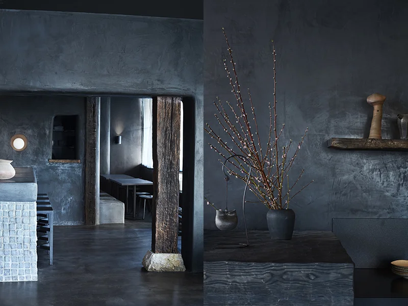 (left) Inside Sydney’s Edition Roasters cafe, by Amber Road . Photo – Prue Ruscoe . (right) Edition Roasters references traditional Japanese ideas and materials. The interior by Amber Road feature a highly textured yet all-black palette. Japanese techniques have been employed such as ‘shou sugi ban’ a traditional way to preserve timber by charring it. Photo – Prue Ruscoe .