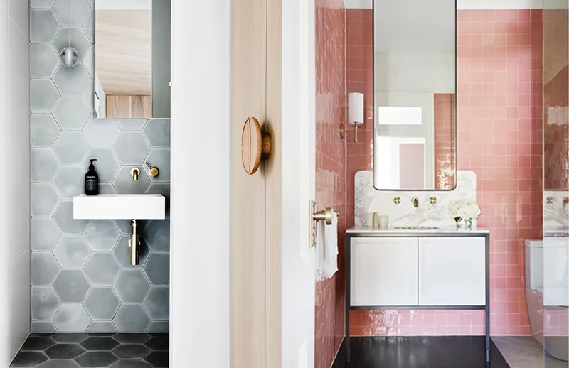 (left) Studio Ezra has used a gorgeous zellige mosaic tile, which is handpainted and handmade in Morocco from Tiles of Ezra. Photo – Amelia Stanwix . (right) Decus have selected a delightful pink Moroccan tile which gives the space a wonderfully cheerful atmosphere. Photo – courtesy of Decus Interiors .