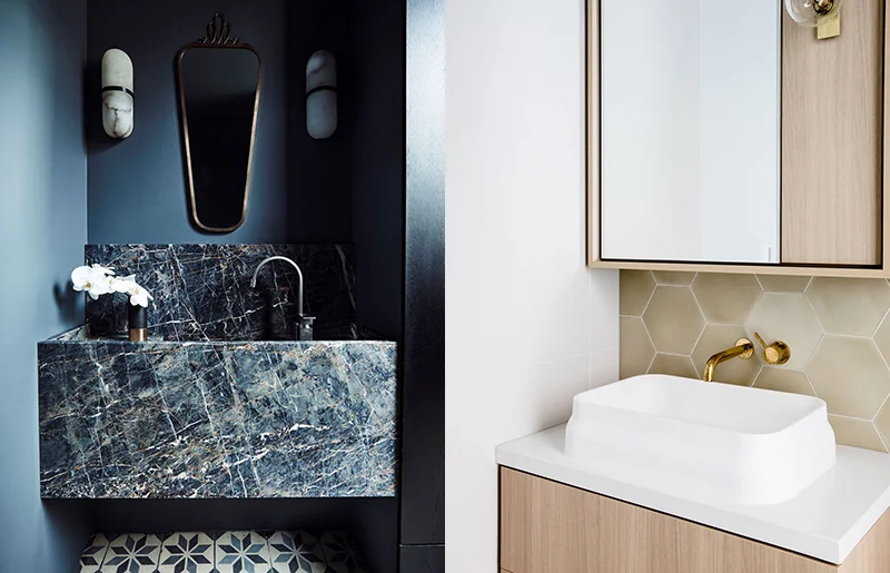 (left) A beautiful powder room painted blue that showcases the incredible stone vanity and the patterned floor by Decus Interiors . Photo – Anson Smart . (right) Studio Ezra designed a serene bathroom using a cement encaustic tile from Tiles of Ezra in a hexagon format over the floors and wall. Photo – Amelia Stanwix .