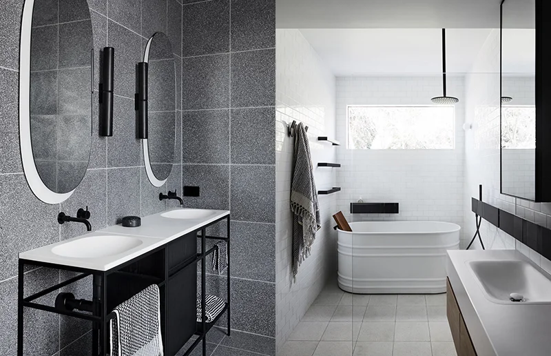 (left) In their Main Ridge project Studio Griffiths selected a stunning vanity unit with a black steel frame that the cabinetry sits within. Photo – Sharyn Cairns . (right) A project by Carole Whiting Interiors and Design. Photo – courtesy of Carole Whiting Interiors and Design