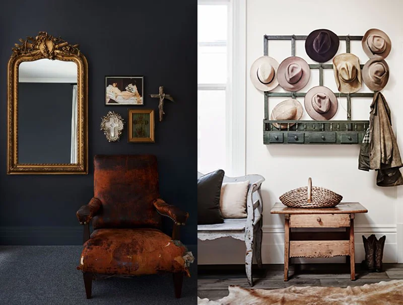 (left) This space by Space, Grace & Style is exciting, it combines something old and worn with a gleaming ornate mirror together on a dark backdrop. Photo – Cricket Saleh, Styling – Megan Morton. (right) A collection of antique pieces that all show a beautifully worn patina, in this project by Adelaide Bragg and Associates . Photo – Lisa Cohen , Styled by Tess Newman-Morris.