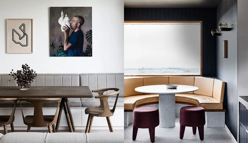 (left) Absolute comfort and elegance in this dining area by Robson Rak. Again, space is used efficiently with a combination of in-built seating and dining chairs. Paintings by Sean Meilak and Heidi Yardley in the kitchen/living area. Styling – Lucy Feagins/The Design Files. Photo – Eve Wilson . (right) There is something totally inviting about booth seating. Doherty Design takes in-built seating to a new sophisticated new level in this renovated farmhouse in Beechworth, Victoria. Photo – Derek Swalwell .