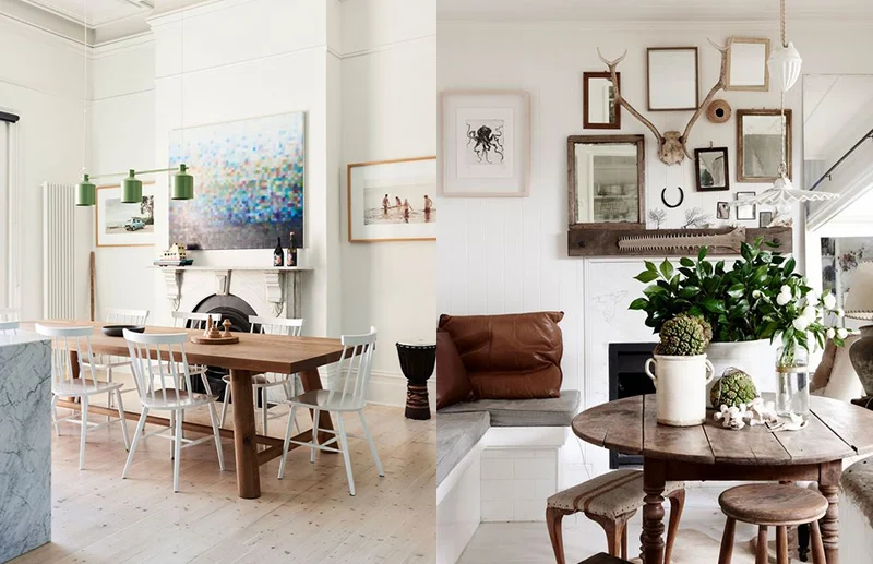(left) We love the materials palette and decorative flourishes in James Tutton’s former Coburg home . Though grand in scale, the use of a soft palette, overhead pendant lighting and artwork makes this space feel welcoming and relaxed. Photo – Eve Wilson . Production – Lucy Feagins / The Design Files. (right) Kara Rosenlund ‘s dining area feels personal and inviting, with the table surrounded by treasured collections. Photo – Eve Wilson . Production – Lucy Feagins / The Design Files.