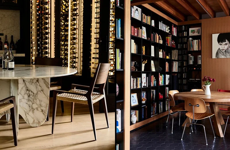 (left) A moody dining experience surrounded with wine, in the spectacular home of Bear Agushi in Armadale, designed by Workroom, with interior decoration and styling by Simone Haag. Does it get much better? Photo – Derek Swalwell. (right) The dining space in the Northcote home of Tai Snaith and family . Keeping books at hand in the dining area is not only practical, but looks so inviting. Photo – Eve Wilson . Production – Lucy Feagins / The Design Files.