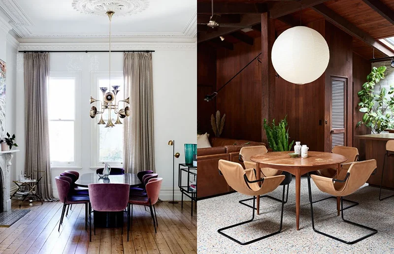 (left) Lighting selection isn’t always just about practicality, it can also be something adds real wow-factor to space. In the home of Penelope Cohen, the Creative Director of Skin and Threads, interior designer Simone Haag used dramatic overhead lighting as a focal point, with this amazing pendant from Delightfull . Photo – Mark Roper . (right) An oversized paper pendant lamp is a wonderful addition to the open plan living area in this Warrandyte home. La Calma leather sling chairs by Plutonic , and Akari light sculpture overhead. Photo – Eve Wilson .