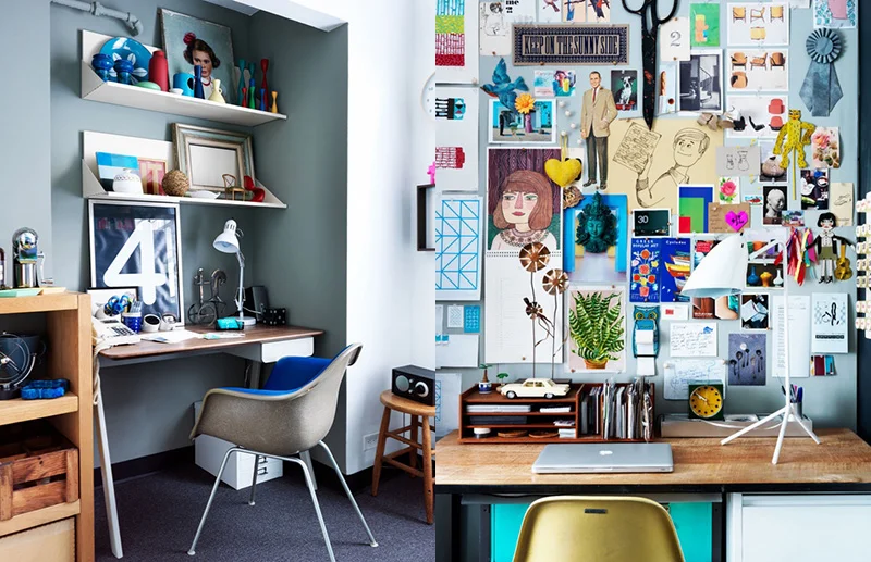(left) A study nook doubles as a display shelf, which I’m sure inspires Marcus Hay when he’s working on new concepts! Interiors – Marcus Hay . Photo – Jonny Valiant . (right) The eclectic New York apartment of Australian super-stylist Marcus Hay has made every inch count. The pinboard above the desk creates a ‘home office’ within the main living area. Interiors – Marcus Hay . Photo – Jonny Valiant .
