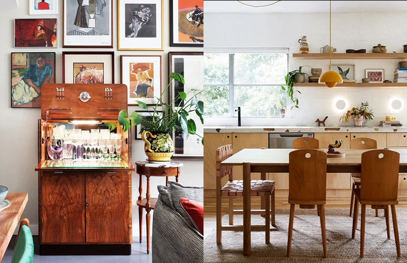(left) A vintage cabinet doubles as a mini bar – and there you have it, an instant party! Photo – Alexander James . Interiors – Studio Ashby . Styling – Olivia Gregory . (right) Our Art Director’s Tiny Terrazzo Palazzo! Kitchen table made by Thomas Lentini. Woven leather chair by Douglas and Bec . The chairs in-between are second hand. The mustard hanging pendant light is Verner Panton’s Flowerpot lamp, from &tradition. Photo – Caitlin Mills . Styling – Annie Portelli.