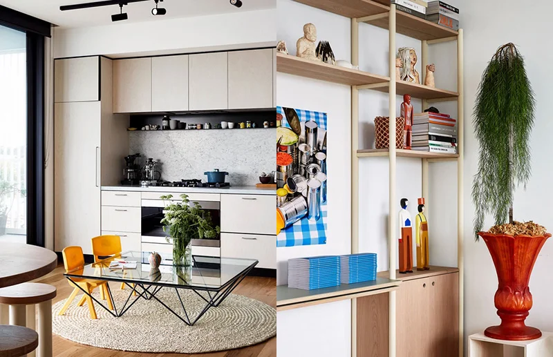 (left) Even the kids’ dining area is chic! Cooking pot from Hub General Store . Photo – Caitlin Mills . Styling – Annie Portelli . (right) Shelf/desk wall designed in collaboration with and made by AKWT painted in a Dulux Chalk Finish paint. Ceramics on top shelves made by Georgie at age 12. Kate Jones ceramic planter. Mark Alsweiler statues. Photo – Caitlin Mills . Styling – Annie Portelli .