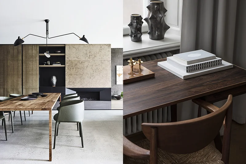 (Left) The brown tones of the wall and joinery and timber dining table are anything but rustic in this space by Hare + Klein . Brown textures have created a warm yet elegant interior. Photo – Anson Smart . (Right) A beautiful moment in brown; a project by Liljencrantz Design based in Stockholm. Photo – Erik Lefvander .