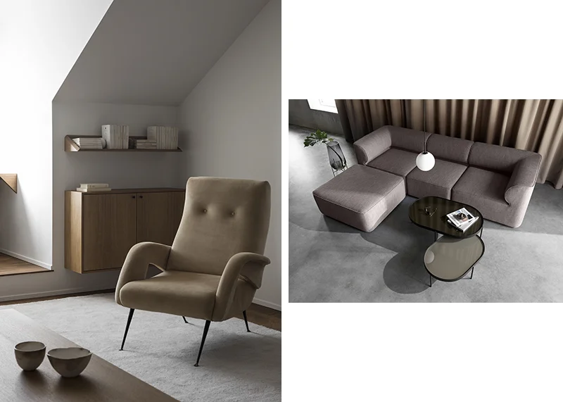 (Left) I have no doubt that this brown velvet armchair is as comfortable as it looks. Tones of brown are set against white to keep the space fresh in this interior by Liljencrantz Design . Photo – courtesy of Liljencrantz Design . (Right) We’re feeling seventies vibes but with a fresh minimalist update. photo courtesy of Menu