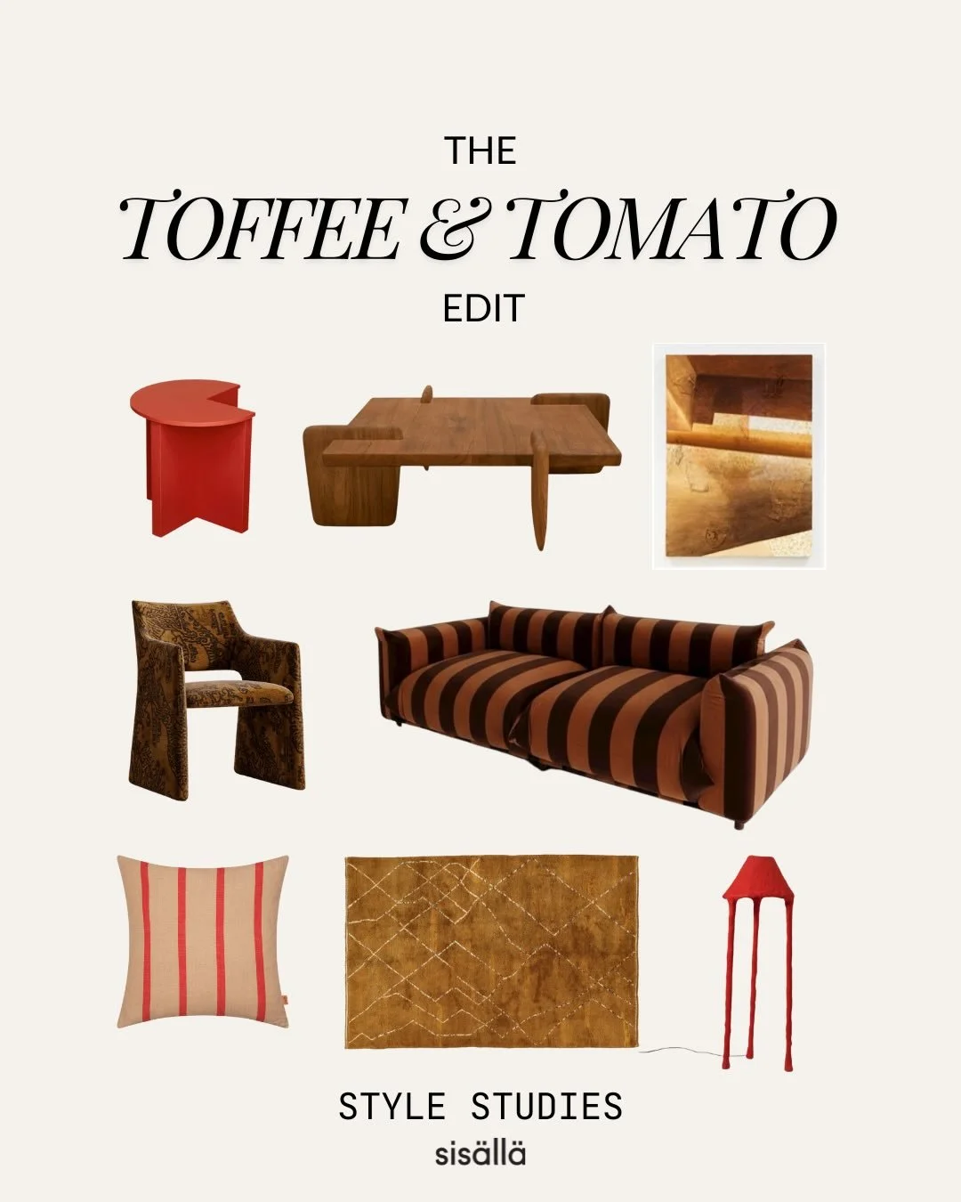 Toffee brings the warmth, the grounding, the I&rsquo;ve-lived-here-a-while energy.
Red brings the confidence, drama, a slightly raised eyebrow.

Together they are rich without being heavy.
Bold without shouting.

1. Side table @fogiacollection 
2. Co