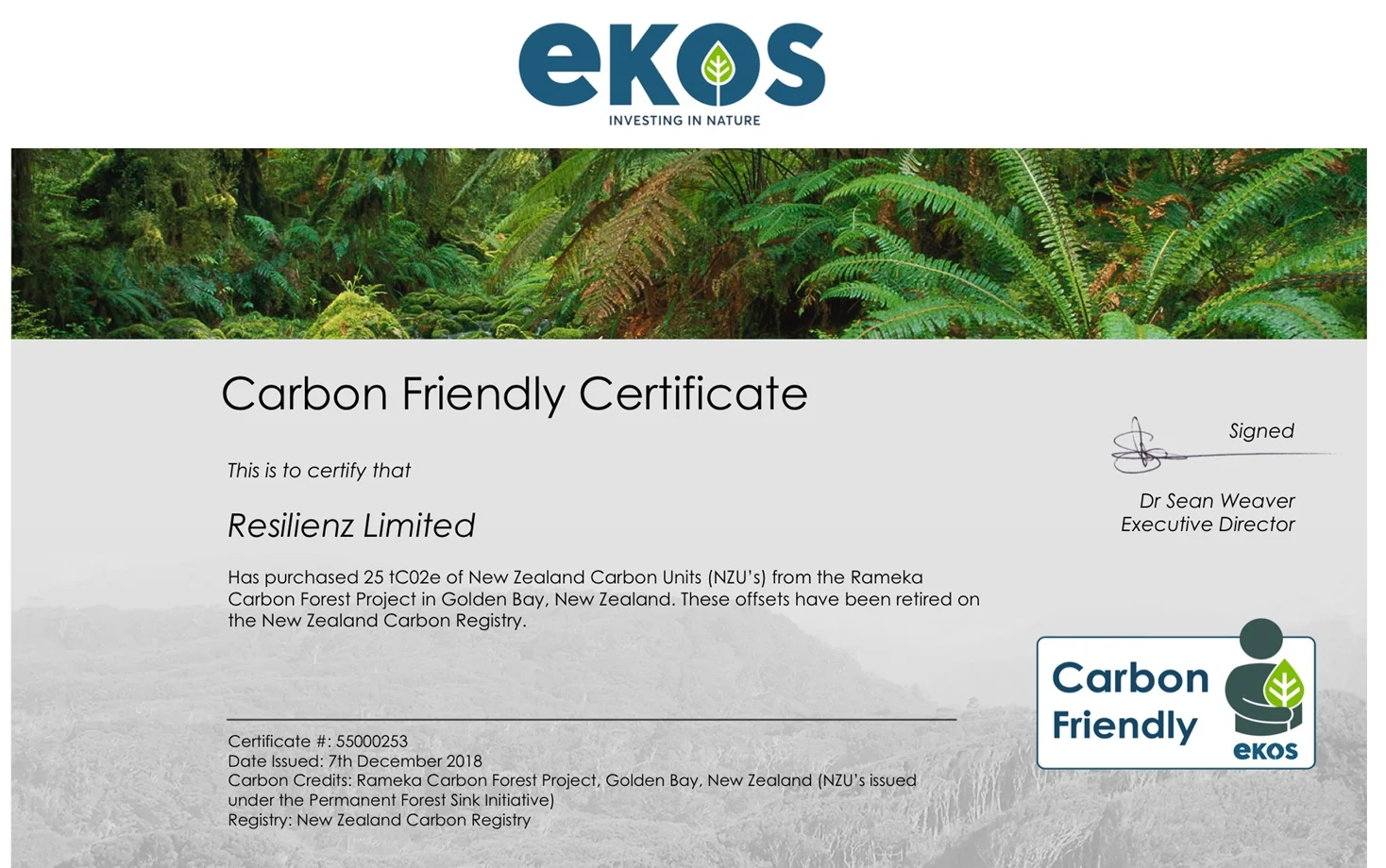 Ekos certificate for Resilienz Block One Offsets