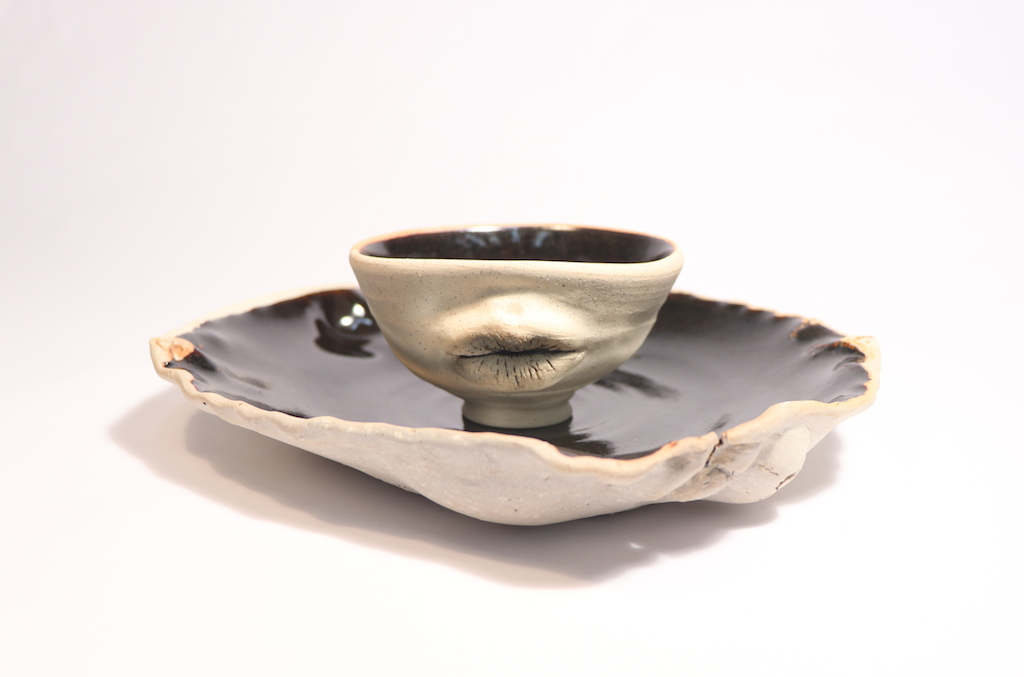 Lips to Mouth to Table, Ceramics, Cone 6 Reduction, Plate: 9 x 8 x 1in, Bowl: 4 x 2.5 x 2.5in, 2017.