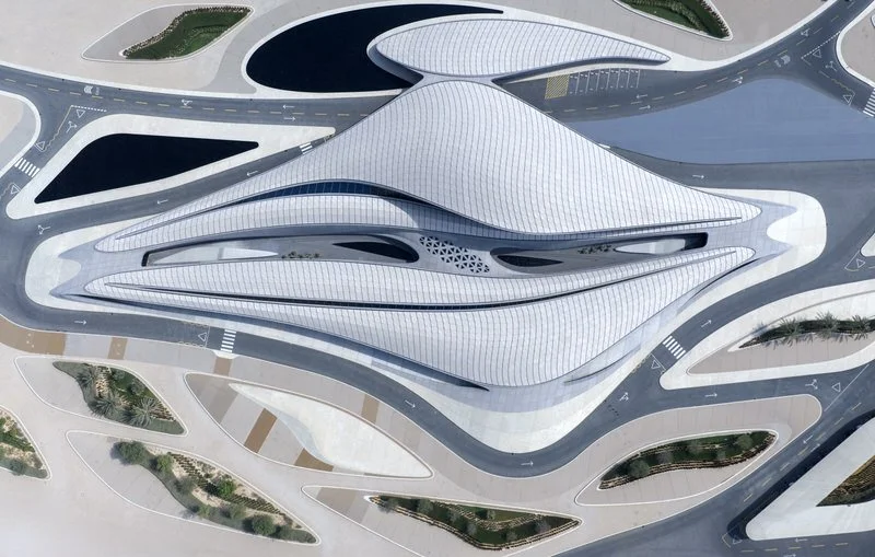 Aerial view of BEEAH Headquarters in Sharjah, UAE, designed by Zaha Hadid Architects