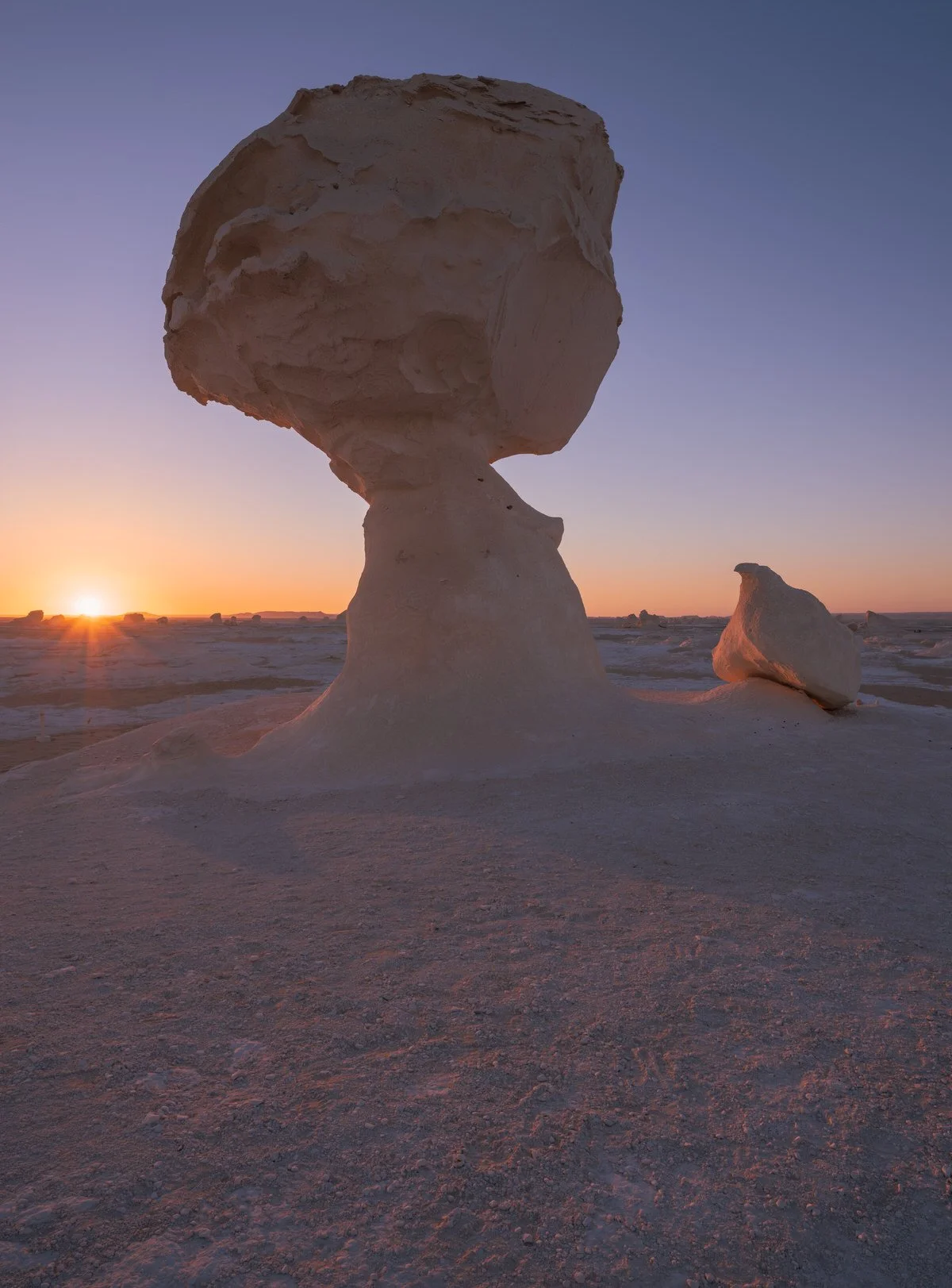 The Mushroom chalk formations stand beneath a softly coloured sky in Egypt’s White Desert, photographed by Dany Eid with the sun low on the horizon.