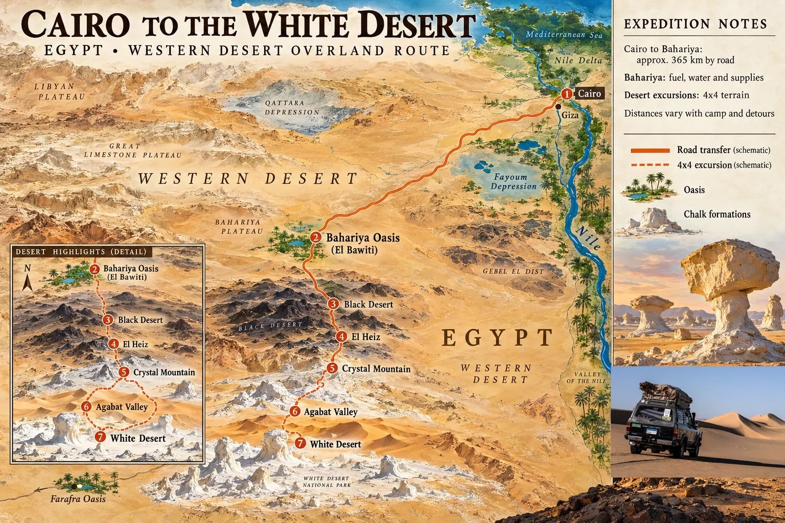 Explore an illustrated overland route from Cairo to Egypt’s White Desert via Bahariya Oasis, the Black Desert, Crystal Mountain and Agabat Valley.