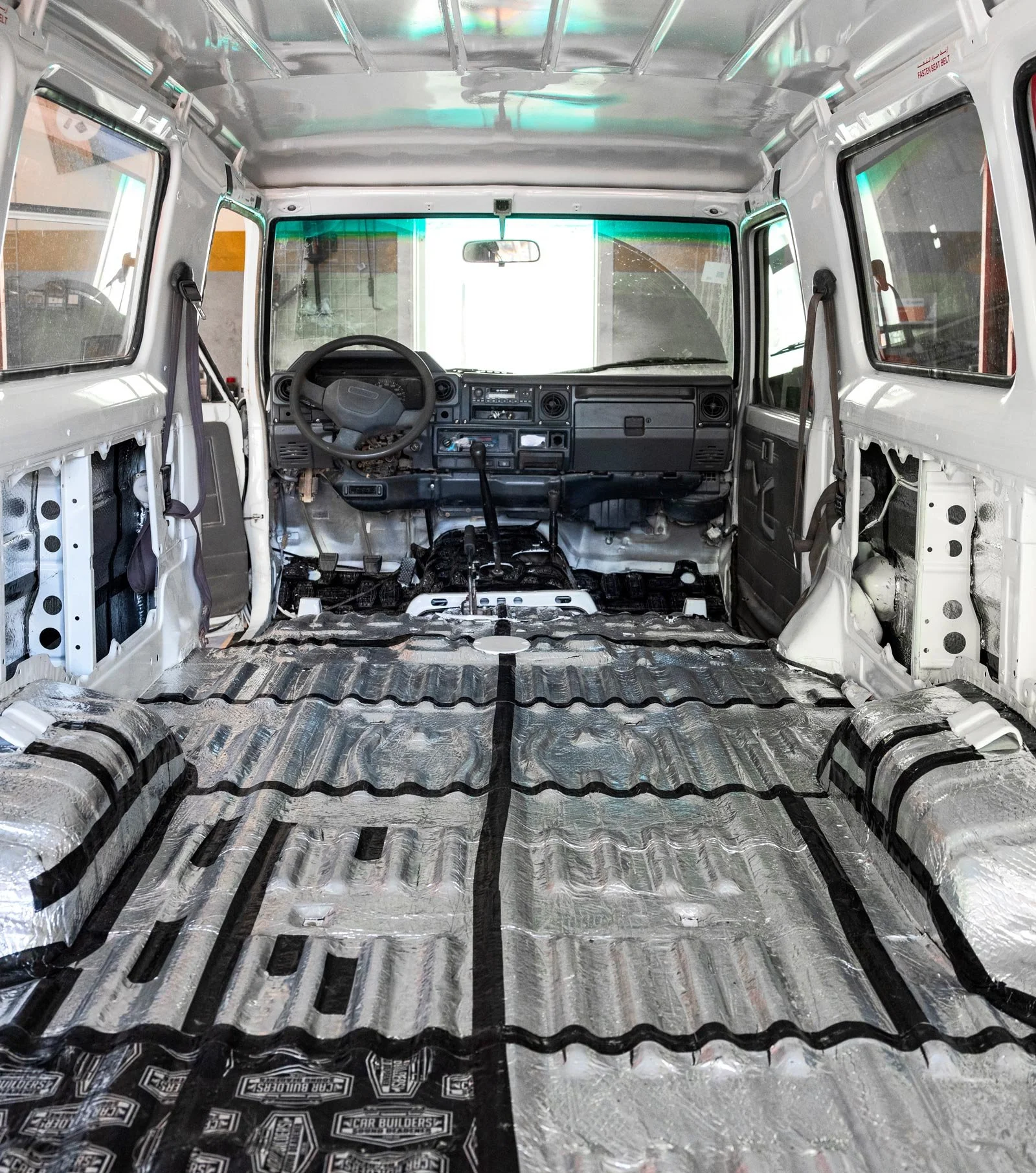 The Troopy's interior after rust treatment, repainting and sound and heat insulation, before any furniture was installed