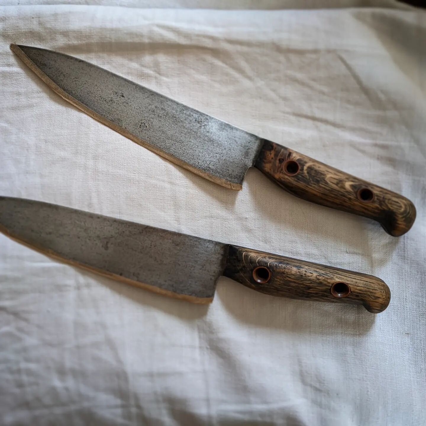 Packing up for tomorrow's market @wrightsfood - I'm going to have 2, and only 2, of Jessie's beautiful handmade kitchen knives.
The big choppers with stained oak handles and high carbon steel blades.

Each one is individually cut and shaped from old 