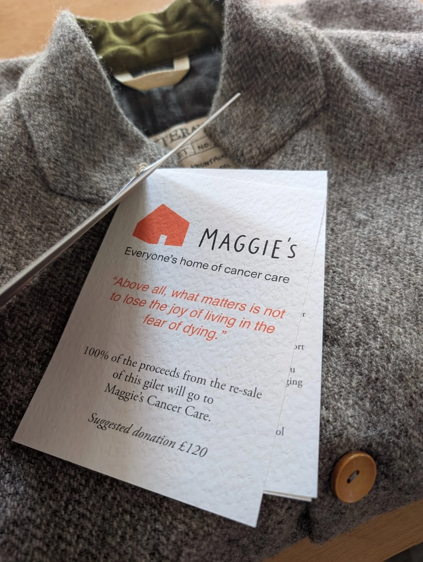 At the @hay_castle Craft Fair this weekend we will be re-selling one of our early Cambrian Gilets, which finds itself needing a new home.
By request of the original owner, all of the proceeds will go to @maggiescentres 

The gilet is a Small:short (y