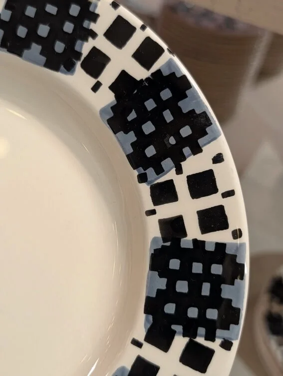 A Welsh Blanket inspired pattern applied by hand at the Emma Bridgewater pottery factory UK