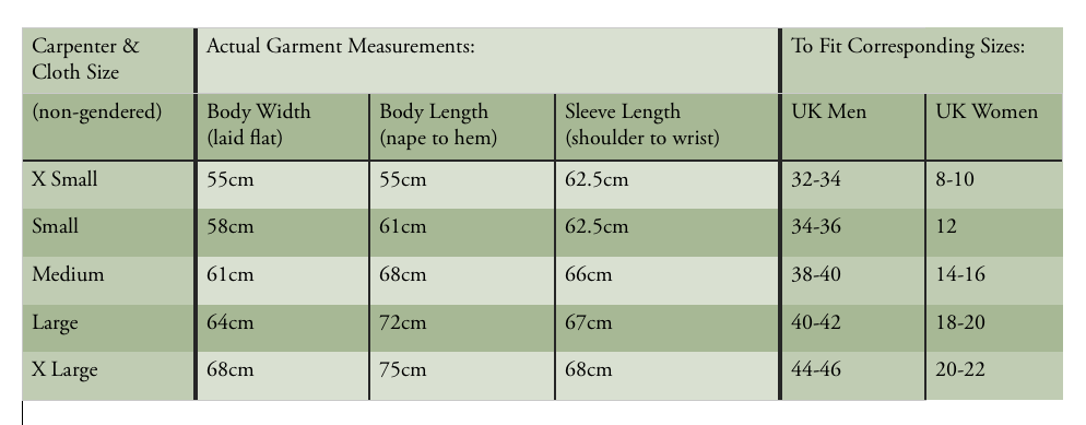 size comparison chart for Welsh Flannel Shirt