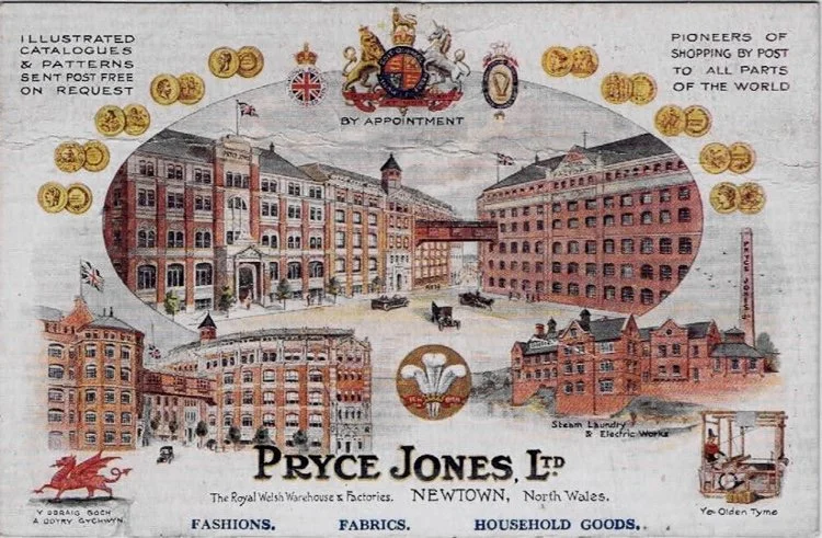 An advert for the Pryce Jones warehouse and Flannel Mills in Newtown