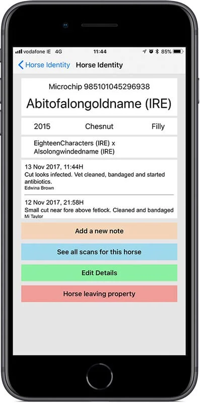 After scanning the microchip, the App displays the horses name and any notes that have been made