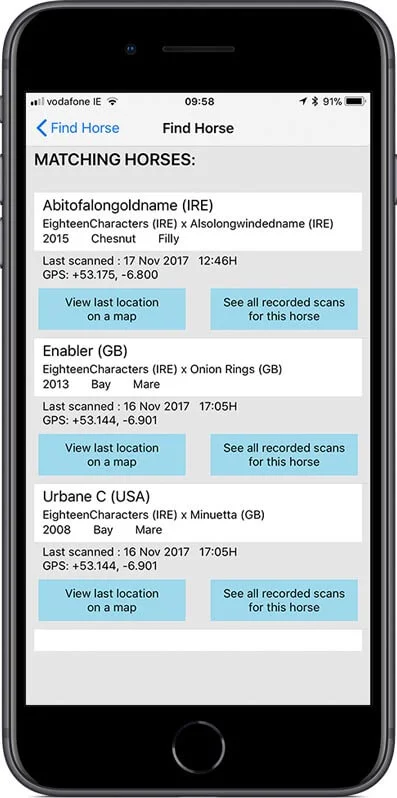 The ‘Find Horse’ function is used to search for horses by name, stallion, dam, sex, year of birth or colour