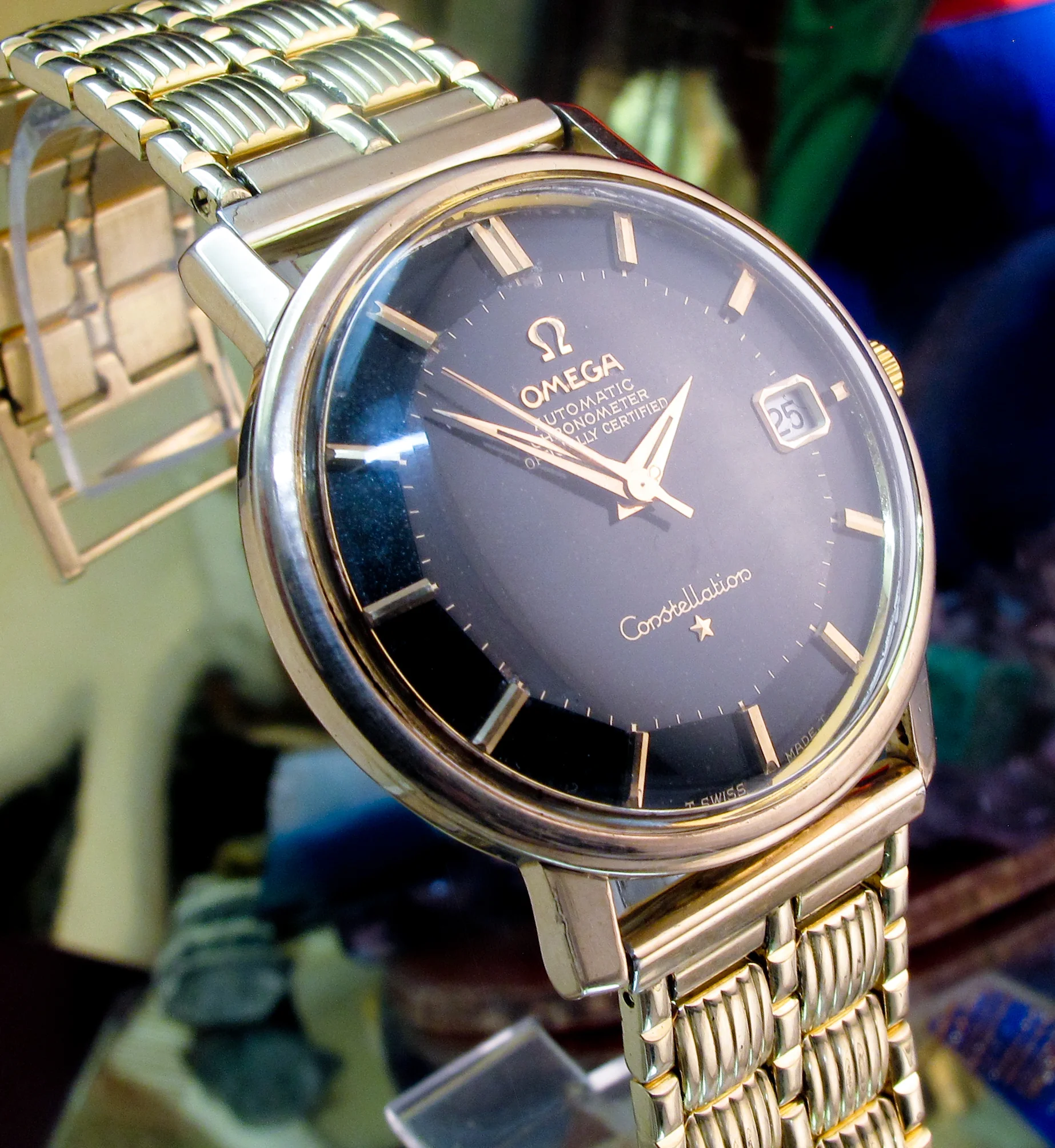 Omega vintage Constellation Pie Pan Automatic Black dial crosshair watch +  box