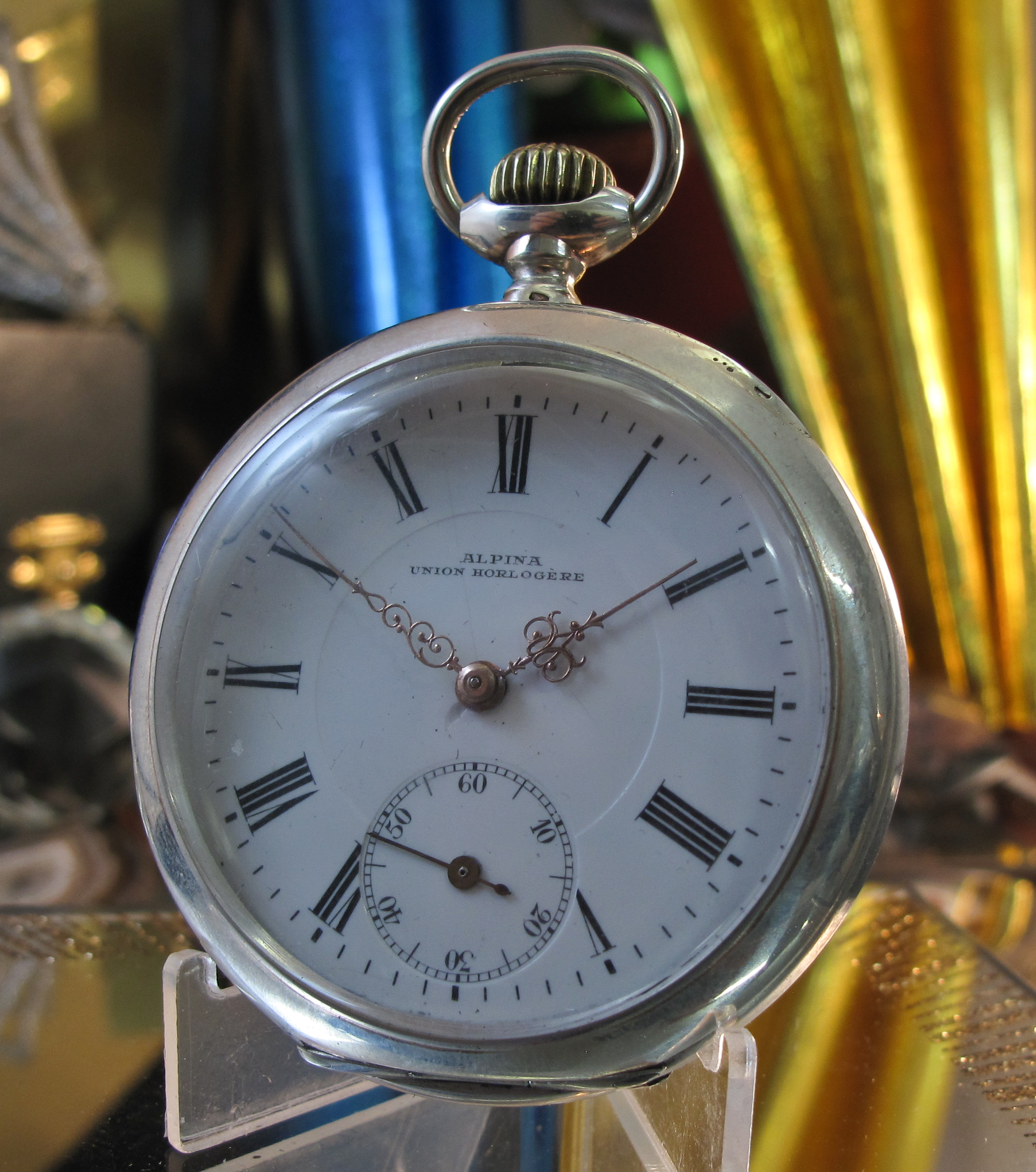 Alpina union horlogere Pocket watch.800 silver vintage Horse case —  Time2Timepiece