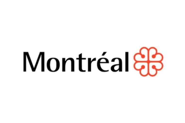 Logo de Montréal avec texte noir et symbole rouge stylisé.