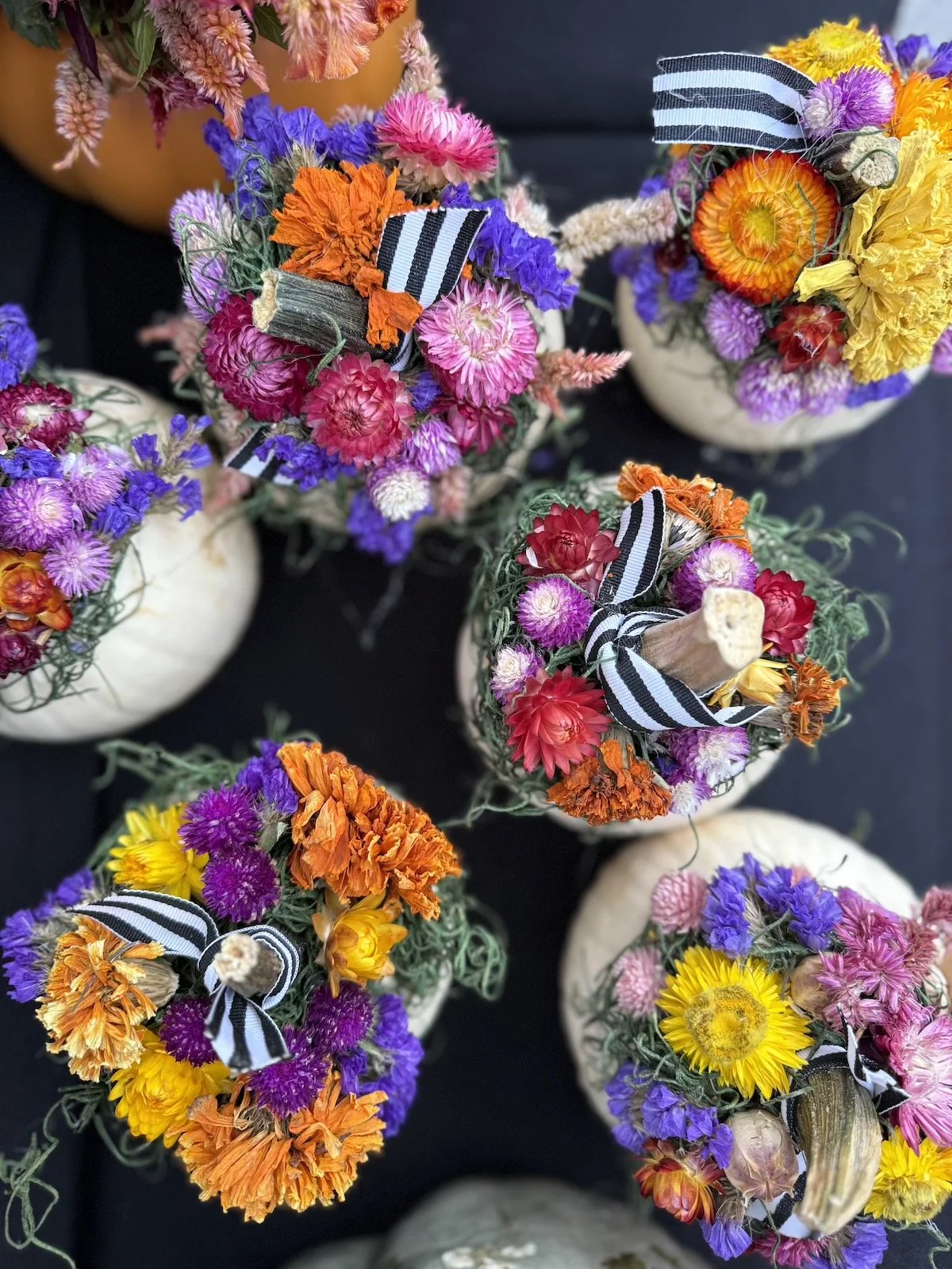 Vibrant dired flowers adorn small pumpkins