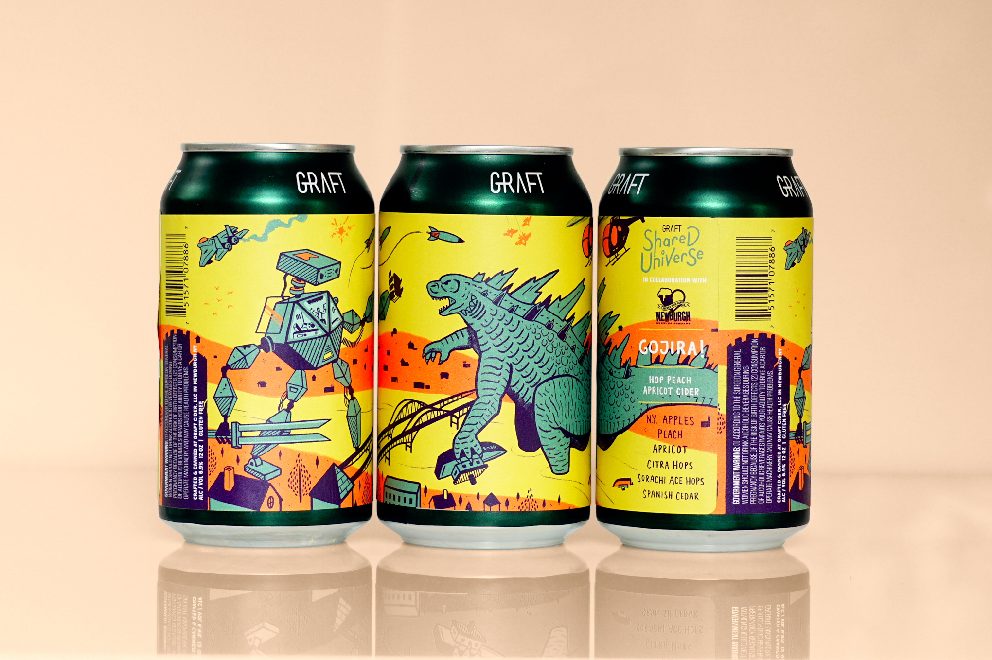 GOJIRA! OCTOBER 2018 I NEWBURGH BREWING CO. While origins remain foggy, many suspect the beast was born out of neglect towards our planet after years of nuclear testing. Nearby military bases deny any connection, but were first to call upon Nomad and Dog for help. His skin seems to deflect all firepower...when provoked, he expels white-hot magma and his gruesome roars are ear-splitting. Who will find what it takes to strike Gojira down and end this madness? NOTES: Dry hopped peach & apricot cider with Citra & Sorachi Ace hops and aged on Spanish Cedar.