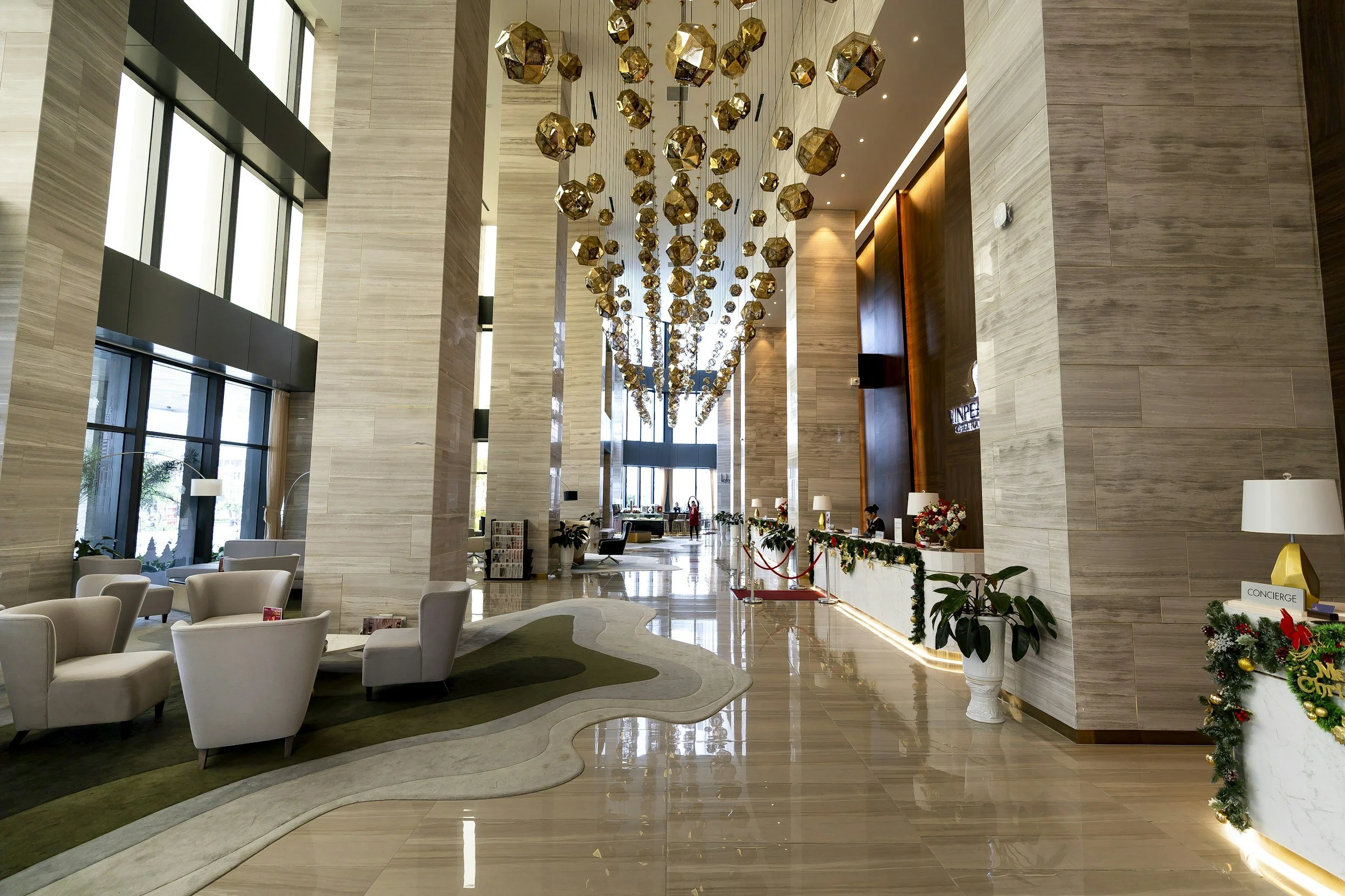 walking through a beautiful hotel lobby