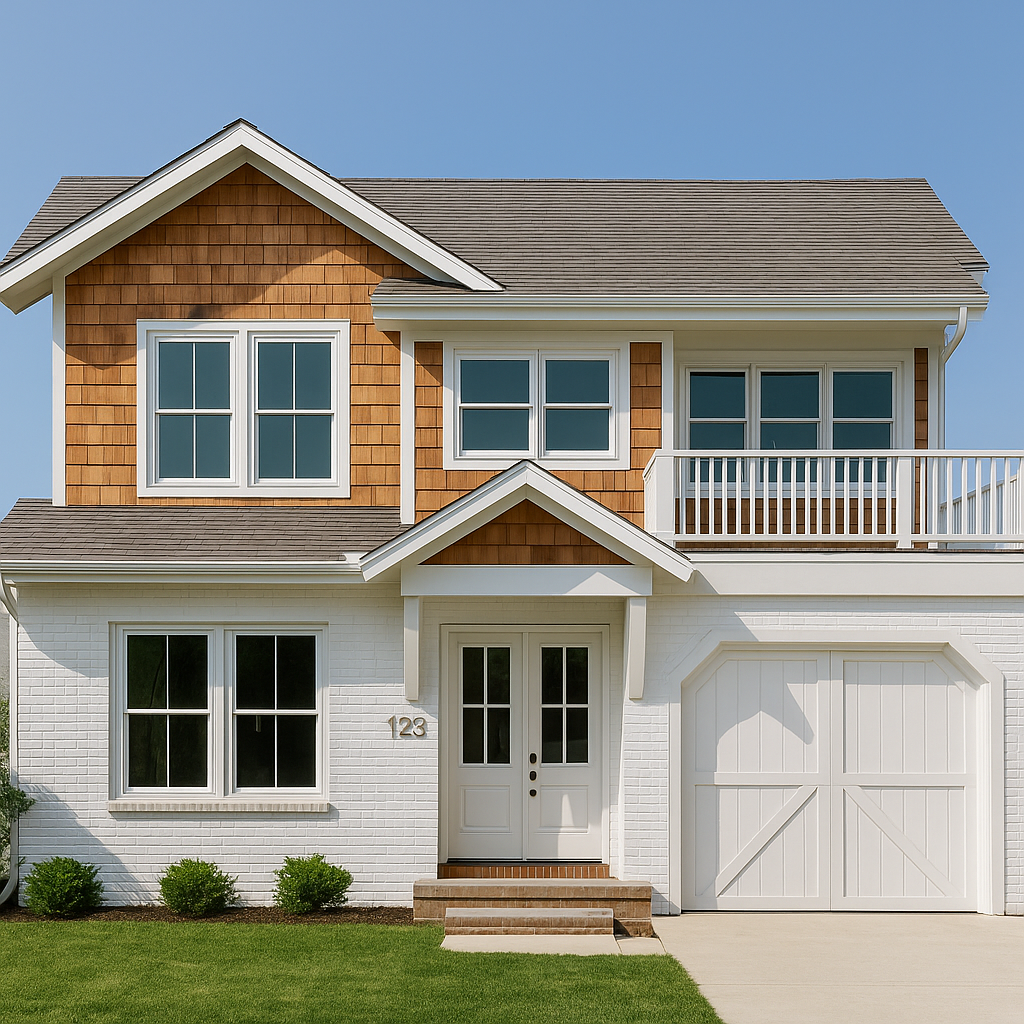 computer rendering of the front of a beachside home with white and brown wood