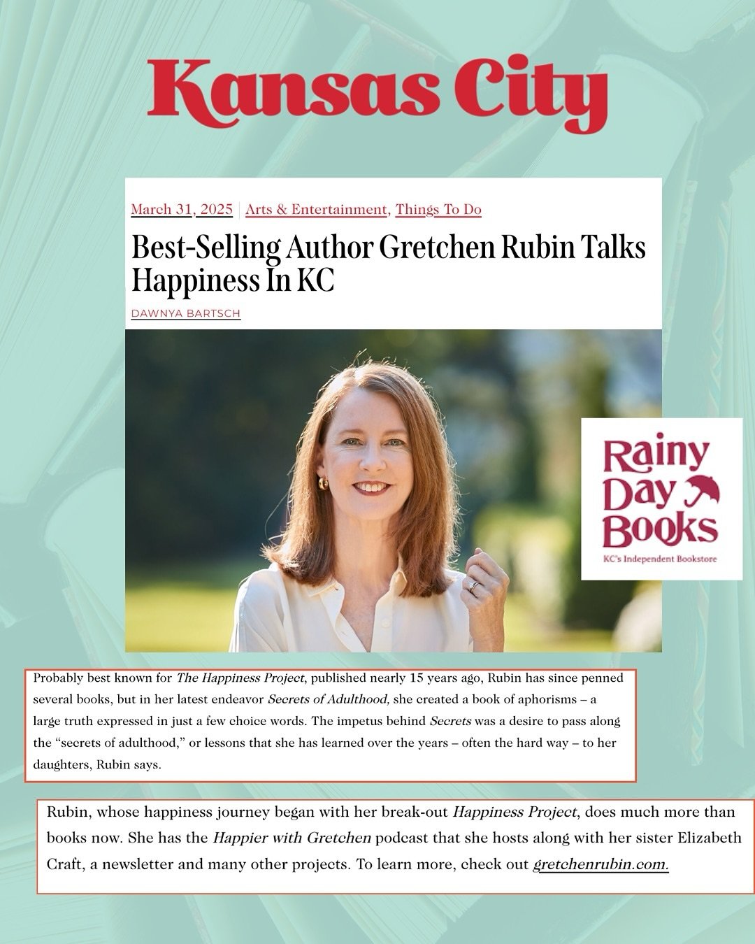 Extra! Extra! Read all about it! 🎉 We are thrilled to turn the page with @rainydaybooks 📚 Don&rsquo;t miss their next event this Thursday evening with best-selling author @gretchenrubin as she talks happiness and her new book at @unitytemplekcmo on