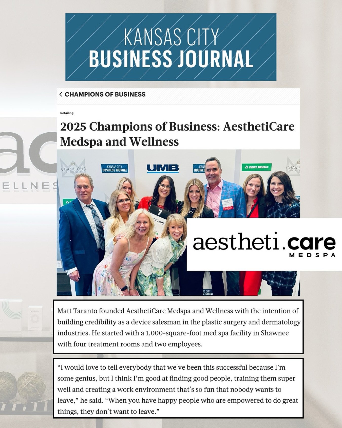 Proud moment! 🤩 🏆 @aestheticarekc has been named a 2025 Champion of Business by @kcbizjournal &mdash; a true honor for a team committed to heart, hustle, and excellence.✨ Not to mention great skin 💋Congrats!!